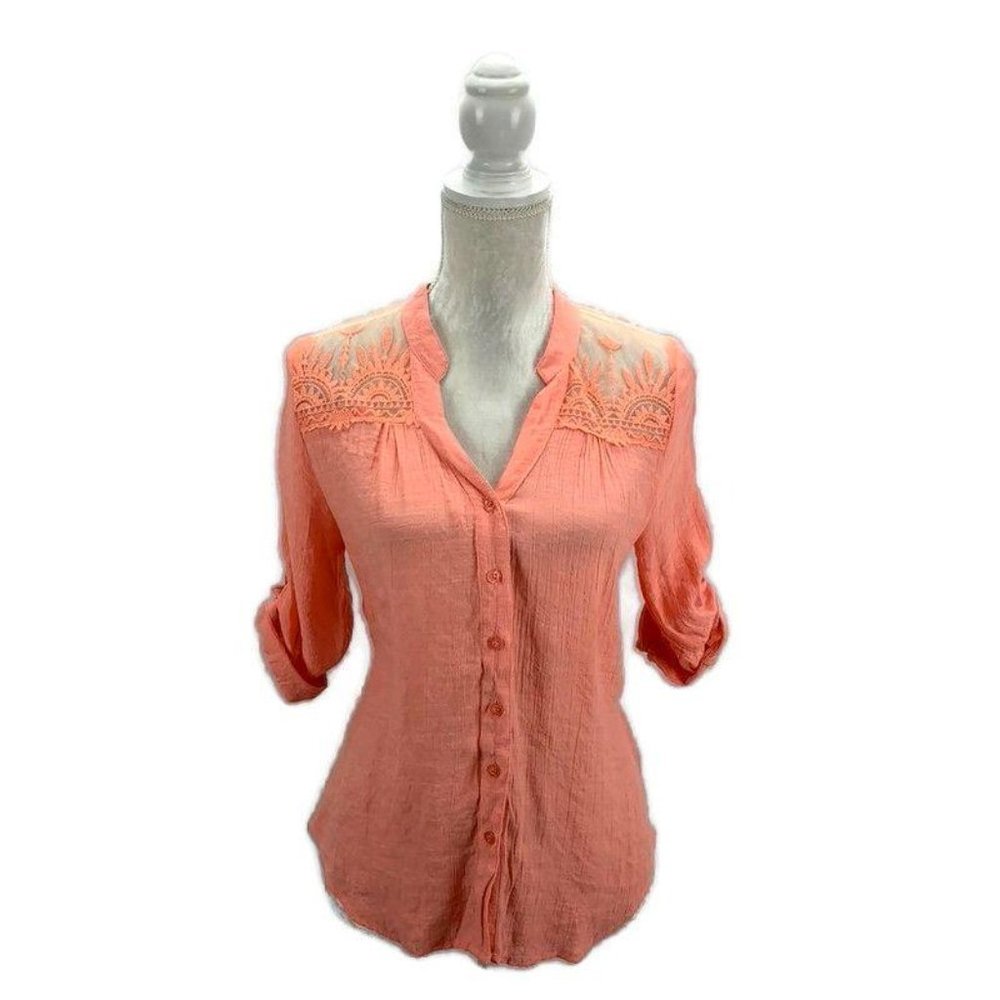 Pearl Mixed Media Blouse Button Up Embroidered M
